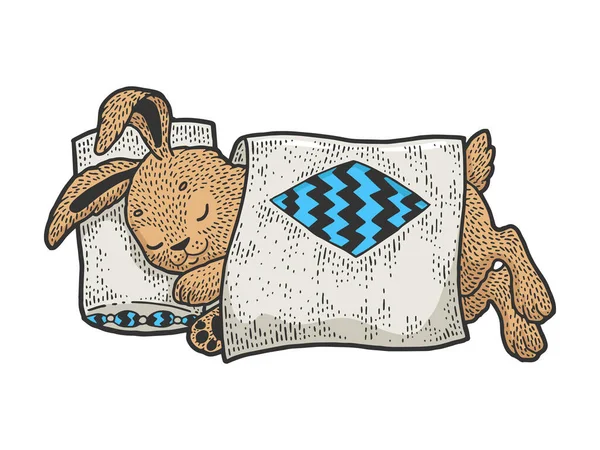 Cartoon lustige schlafende Hasen Kaninchen Farbskizze Gravur Vektorillustration. T-Shirt-Print-Design. Nachahmung im Stil von Scratch Board. Handgezeichnetes Schwarz-Weiß-Bild. — Stockvektor