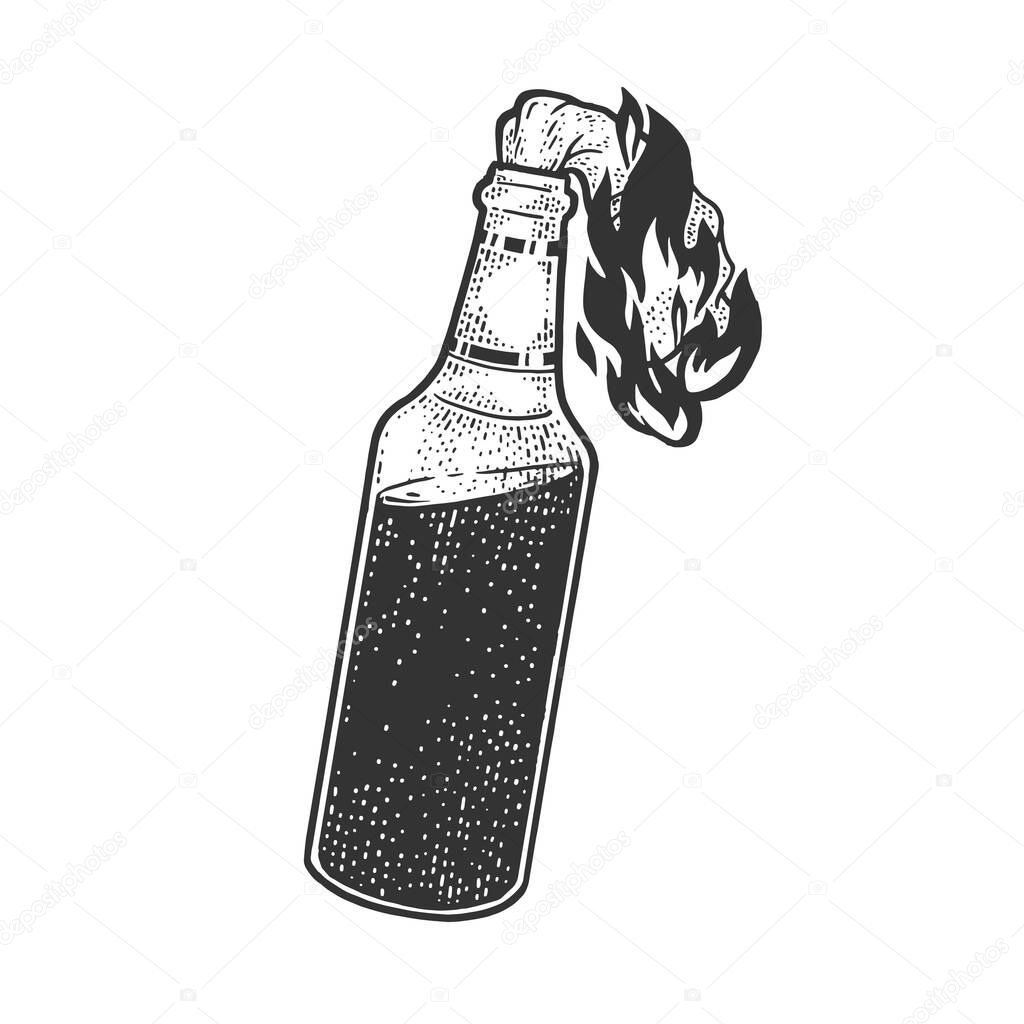 Molotov cocktail petrol gasoline bomb fire bottle sketch engraving vector illustration. T-shirt apparel print design. Scratch board imitation. Black and white hand drawn image.