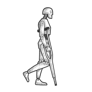 Koltuk değneği çizimi, oyma vektör çizimi olan çarpışma testi mankeni. Tişört giysisi baskısı tasarımı. Çizik tahtası taklidi. Siyah beyaz el çizimi resim.