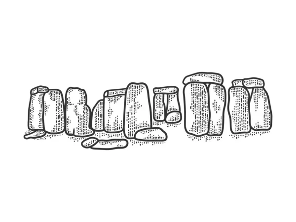 Stonehenge emlékmű vázlat vektor illusztráció. Póló mintás ruha. Karcolódeszka utánzat. Fekete-fehér kézzel rajzolt kép. — Stock Vector