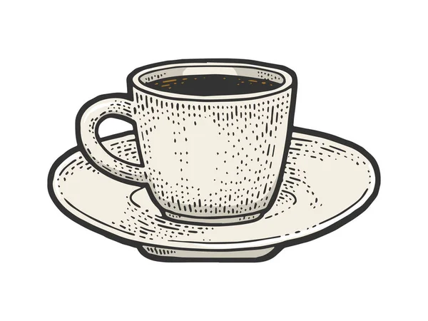 Taza de café color boceto grabado vector ilustración. Diseño de estampado de ropa de camiseta. Scratch board imitación. Imagen dibujada a mano en blanco y negro . — Vector de stock