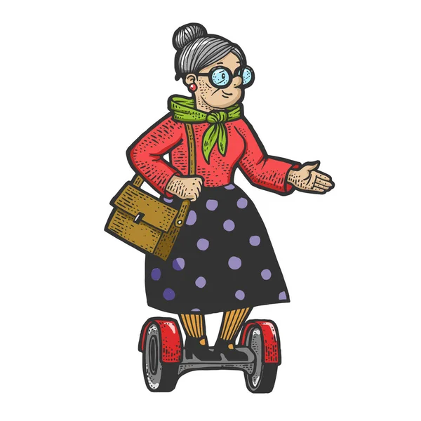 Vieille femme grand-mère chevauche sur hoverboard auto-équilibrage scooter couleur croquis gravure vectorielle illustration. T-shirt imprimé design. Imitation de carte à gratter. Image dessinée à la main noir et blanc . — Image vectorielle