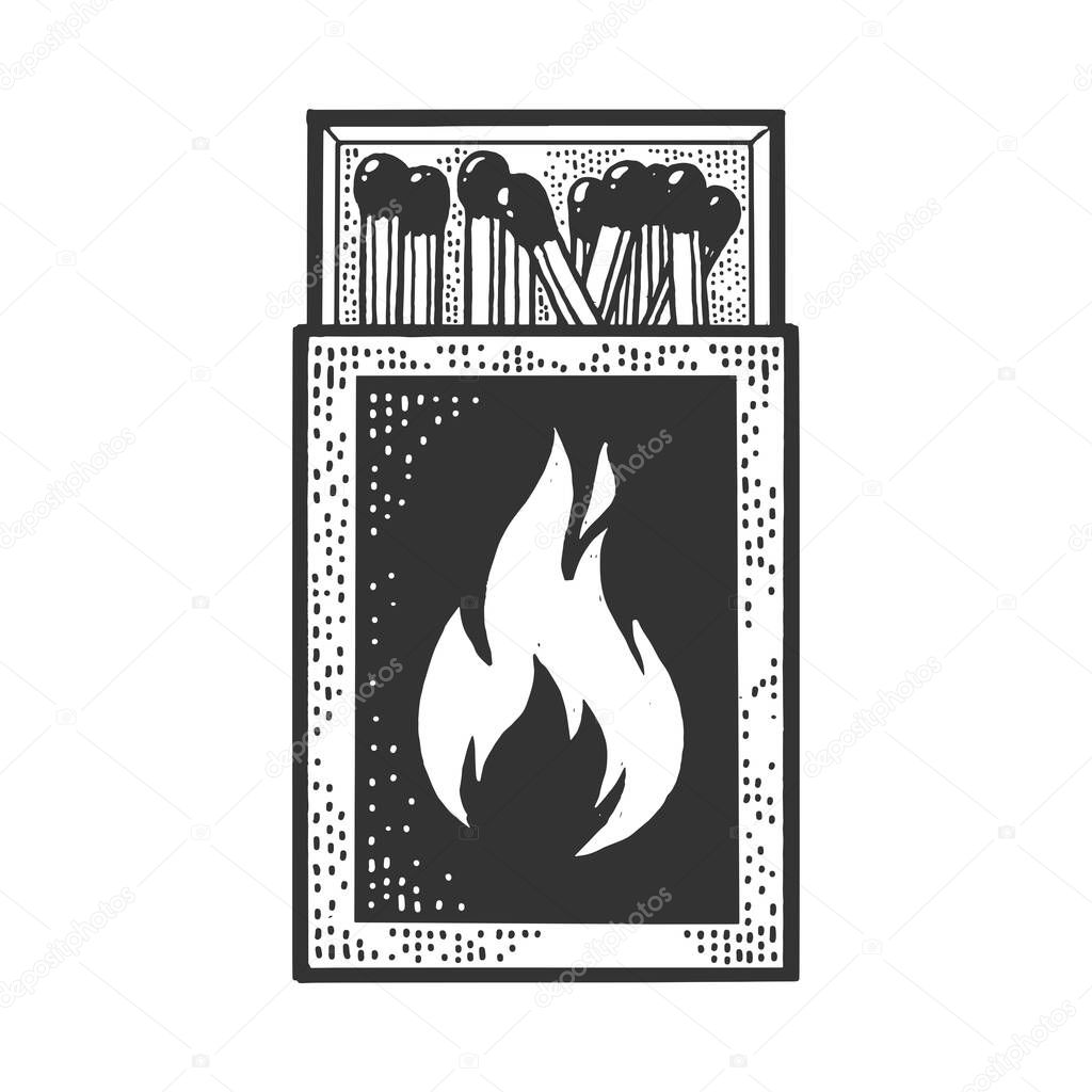 Matchbox with matches sketch engraving vector illustration. T-shirt apparel print design. Scratch board imitation. Black and white hand drawn image.