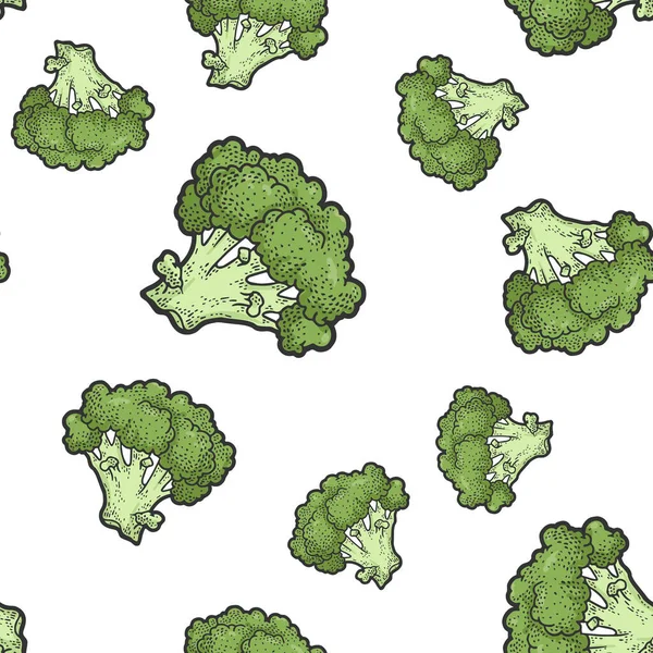 Groene broccoli naadloze patroon achtergrond kleur schets graveren vector illustratie. T-shirt kleding print ontwerp. Krasplank imitatie. Zwart en wit met de hand getekend afbeelding. — Stockvector