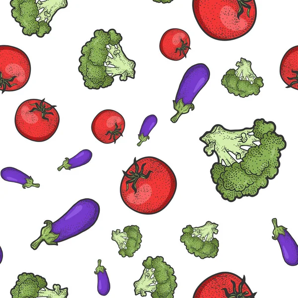 Verse groenten tomaat aubergine broccoli naadloos patroon achtergrond kleur schets graveren vector illustratie. T-shirt kleding print ontwerp. Plakbord imitatie. — Stockvector