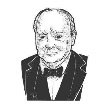Winston Churchill portre çizimi, kabartma vektör çizimi. Tişört giysisi baskısı tasarımı. Çizik tahtası taklidi. Siyah beyaz el çizimi resim.