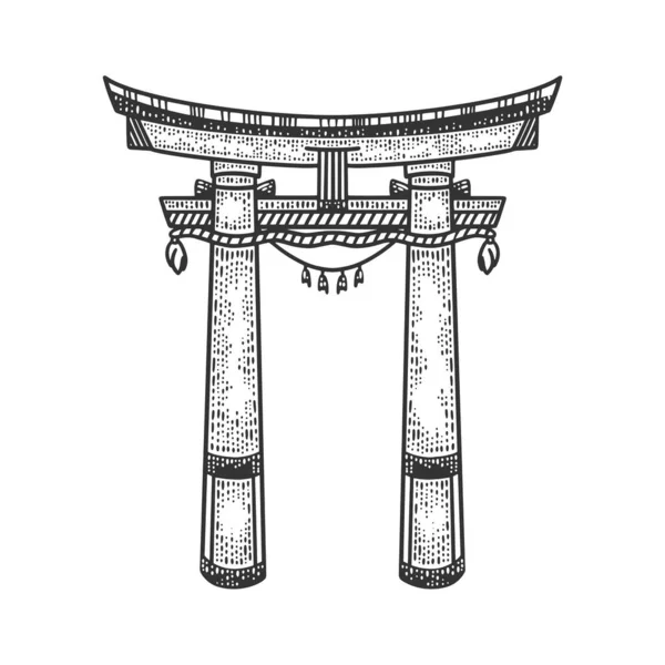 Японские ритуальные ворота Тори эскиз векторной иллюстрации. Дизайн одежды для футболок. Имитация Доски Царапин. Черно-белое изображение . — стоковый вектор