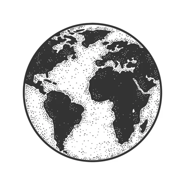 Szkic planety Ziemia globus grawerowanie wektor ilustracji. Projekt druku odzieży T-shirt. Imitacja deski do drapania. Czarno-biały ręcznie rysowany obraz. — Wektor stockowy