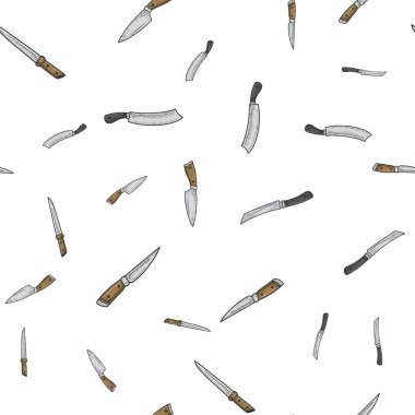 Bıçaklar kusursuz desenli arka plan çizimi, kabartma vektör çizimi. Tişört giysisi baskısı tasarımı. Çizik tahtası taklidi. Siyah beyaz el çizimi resim.