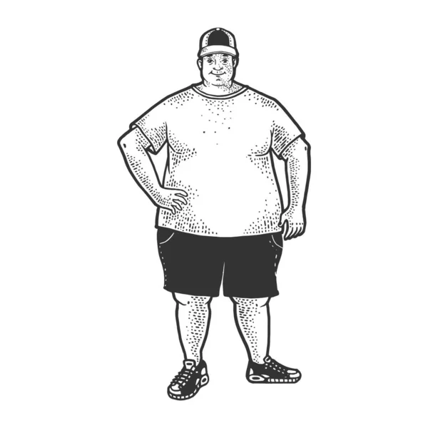 Fat huge man sketch engraving vector illustration. T-shirt apparel print design. Scratch board imitation. Black and white hand drawn image. — Stock Vector