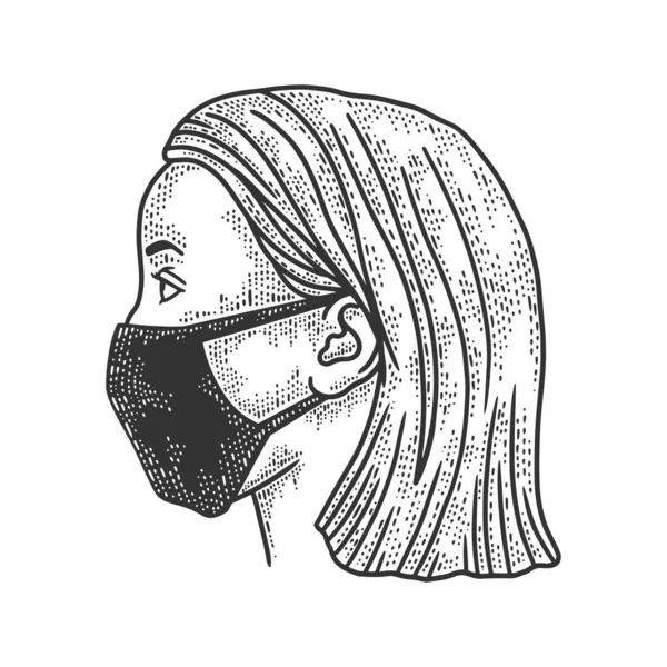 Mujer joven en la máscara quirúrgica médica bosquejo grabado vector ilustración. Diseño de estampado de ropa de camiseta. Scratch board imitación. Imagen dibujada a mano en blanco y negro . — Vector de stock