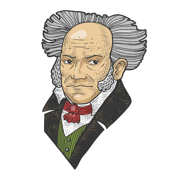 Arthur Schopenhauer portrait croquis en couleur gravure vectorielle illustration. T-shirt imprimé design. Imitation de carte à gratter. Image dessinée à la main noir et blanc . — Image vectorielle