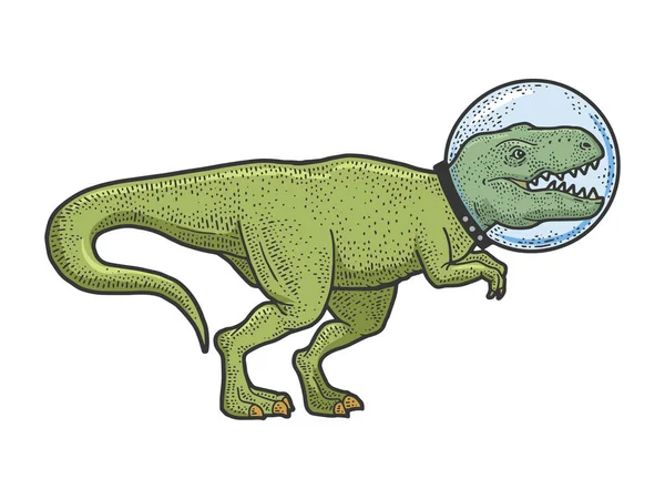 Astronaut tecknad Tyrannosaurus dinosaurie djur i glas hjälm färg skiss gravyr vektor illustration. T-shirt kläder tryck design. Skrapbrädesimitation. Svart och vit handritad bild. — Stock vektor