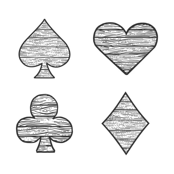 Trajes de tarjeta de madera engastan diamantes palos del corazón boceto ilustración vectorial grabado. Diseño de estampado de ropa de camiseta. Scratch board imitación. Imagen dibujada a mano en blanco y negro . — Vector de stock