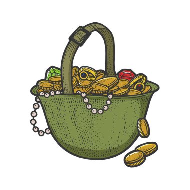 Ordu miğferinde altın sikkeler ve mücevher rengi çizimler var. Tişört giysisi baskısı tasarımı. Çizik tahtası taklidi. Siyah beyaz el çizimi resim.