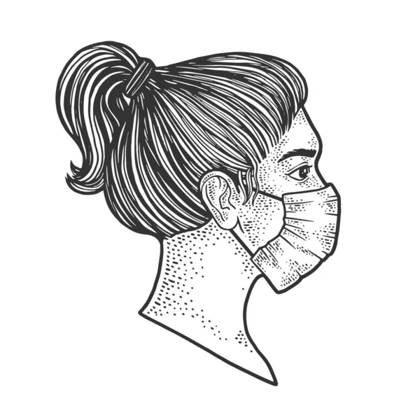 Young woman in medical surgical mask sketch engraving vector illustration. T-shirt apparel print design. Scratch board imitation. Black and white hand drawn image. — Stock Vector