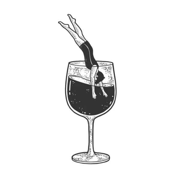 Man dyker in i ett glas vin skiss gravyr vektor illustration. T-shirt kläder tryck design. Skrapbrädesimitation. Svart och vit handritad bild. — Stock vektor