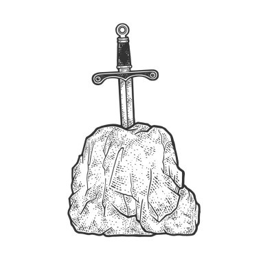 Excalibur 'un efsanevi kılıcı. Kaya çizimi, oyma vektör çizimi. Tişört giysisi baskısı tasarımı. Çizik tahtası taklidi. Siyah beyaz el çizimi resim.