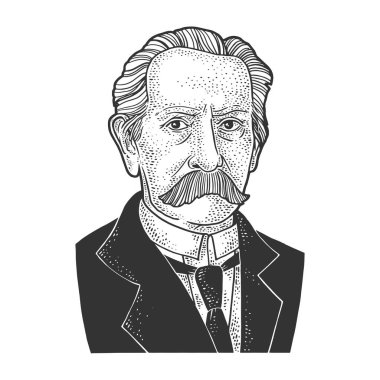Karl Benz portre çizimi, kabartma vektör çizimi. Tişört giysisi baskısı tasarımı. Çizik tahtası taklidi. Siyah beyaz el çizimi resim.