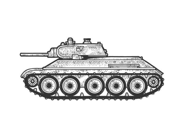 T-34 soviético médio tanque esboço gravura vetor ilustração. T-shirt design de impressão de vestuário. Imitação de raspadinha. Imagem desenhada à mão preto e branco . — Vetor de Stock