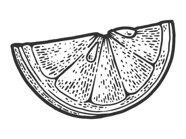 Rebanada de limón boceto grabado vector ilustración. Diseño de estampado de ropa de camiseta. Scratch board imitación. Imagen dibujada a mano en blanco y negro . — Vector de stock