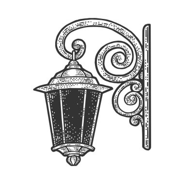 Klasik duvar feneri çizimi, kabartma vektör çizimi. Tişört giysisi baskısı tasarımı. Çizik tahtası taklidi. Siyah beyaz el çizimi resim.