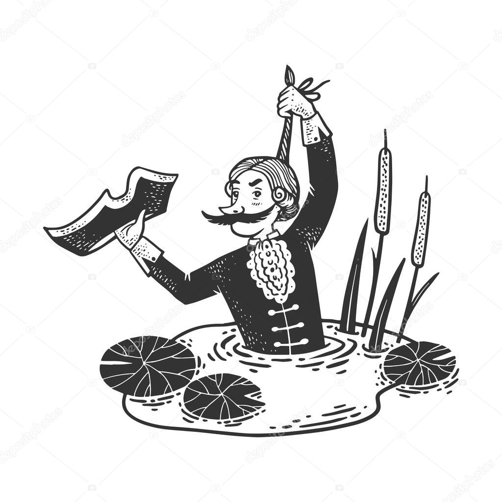 Baron Munchausen pulls himself by the hair out of the swamp sketch engraving vector illustration. T-shirt apparel print design. Scratch board imitation. Black and white hand drawn image.