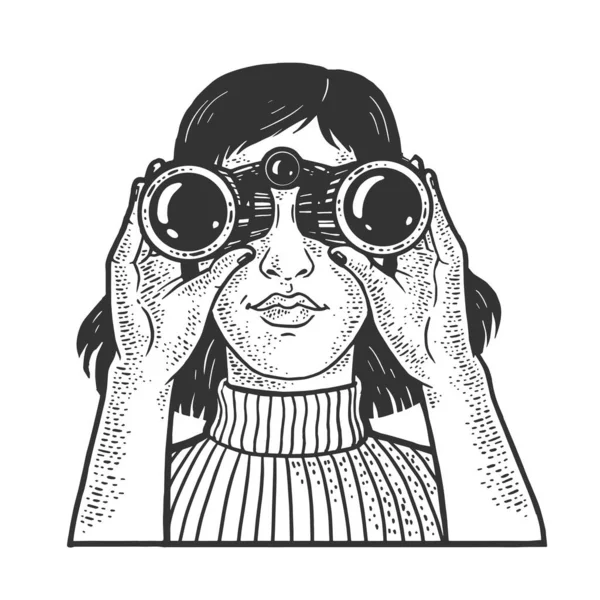 Mädchen, das durch Ferngläser blickt, skizziert eine Vektorillustration. T-Shirt-Print-Design. Rubbelbrett-Imitat. Handgezeichnetes Schwarz-Weiß-Bild. — Stockvektor