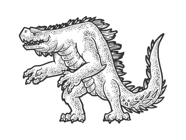 Cartoon dinozaur potwór zwierzę szkic grawerowanie wektor ilustracja. Projekt druku odzieży T-shirt. Imitacja deski do drapania. Czarno-biały ręcznie rysowany obraz. — Wektor stockowy