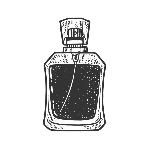 Fles parfum schets graveren vector illustratie. T-shirt kleding print ontwerp. Krasplank imitatie. Zwart en wit met de hand getekend afbeelding. — Stockvector