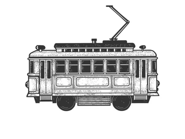 Vintage tram schets graveren vector illustratie. T-shirt kleding print ontwerp. Krasplank imitatie. Zwart en wit met de hand getekend afbeelding. — Stockvector