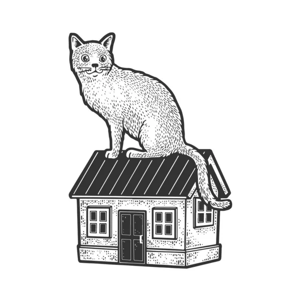 Gato enorme está sentado en casa boceto grabado vector ilustración. Diseño de estampado de ropa de camiseta. Scratch board imitación. Imagen dibujada a mano en blanco y negro . — Vector de stock