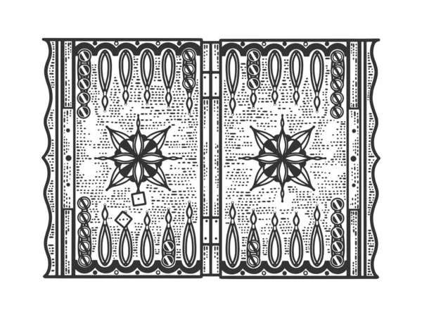 Backgammon tabeller spel skiss gravyr vektor illustration. T-shirt kläder tryck design. Skrapbrädesimitation. Svart och vit handritad bild. — Stock vektor