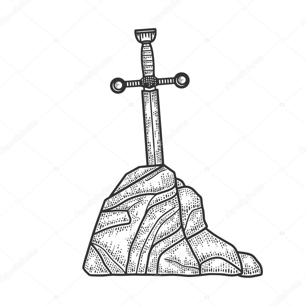 Excalibur legend sword in stone sketch engraving vector illustration. T-shirt apparel print design. Scratch board imitation. Black and white hand drawn image.