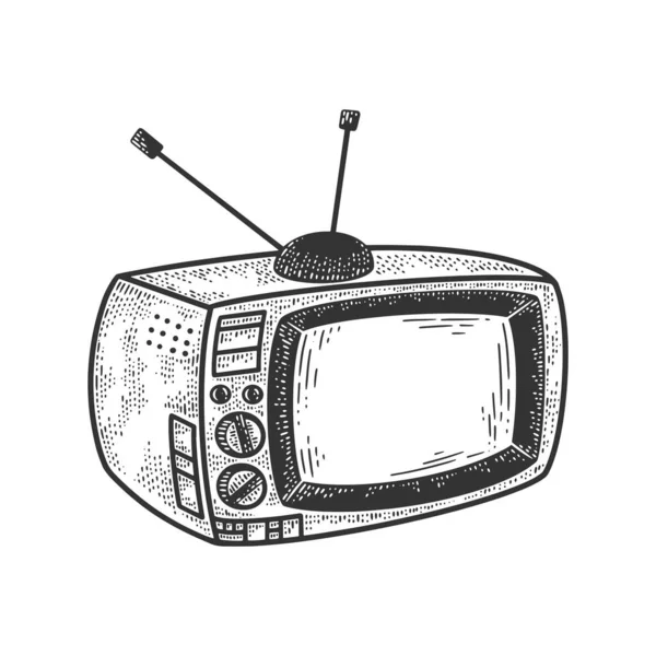 Antiguo televisor boceto grabado vector ilustración. Diseño de estampado de ropa de camiseta. Scratch board imitación. Imagen dibujada a mano en blanco y negro. — Archivo Imágenes Vectoriales