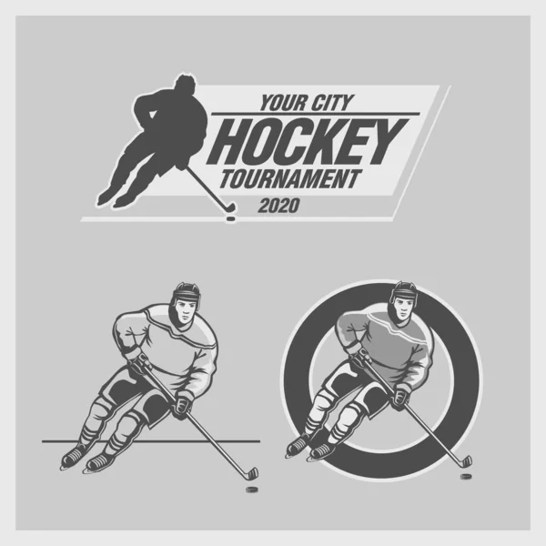 Webice Hockey Emblem Med Hockeyspelare Vektoruppsättning — Stock vektor