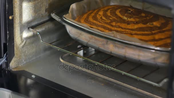 Una mujer entrega su pastel en el horno — Vídeos de Stock