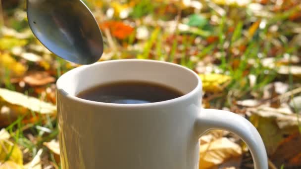 Frau mixt heißen Kaffee mit einem Löffel in einem Becher im Freien. Hintergrund Herbst. — Stockvideo