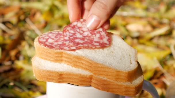 Girl doing sandwich with sausage salami. Puts sausage on bread against the backdrop of an autumn. — Stock Video