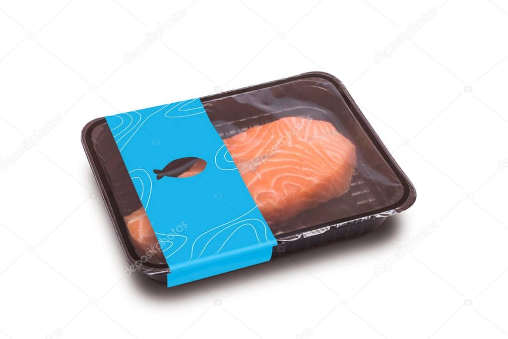 raw salmon in the package. isolated on white background