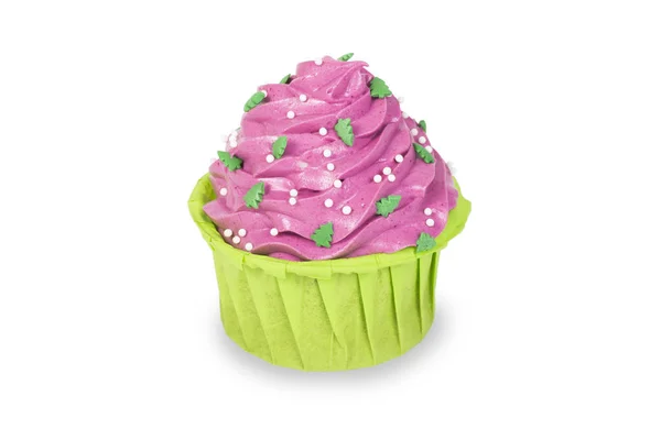 Green Cupcake Pink Cream Isolated White Background — Stock Photo, Image