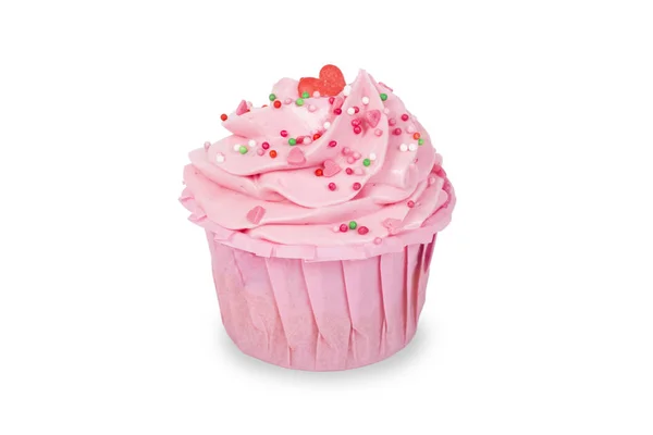 Roze Cupcake Met Roze Crème Geïsoleerd Witte Achtergrond — Stockfoto