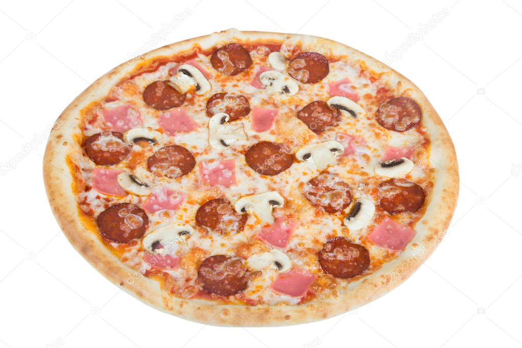 traditional Italian food: pizza with thinly sliced pepperoni and ham. Isolated on a white background.