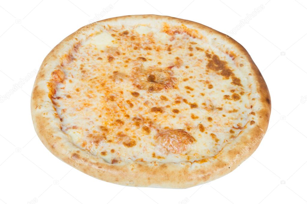 Pizza dough with cheese crust isolated on white background.