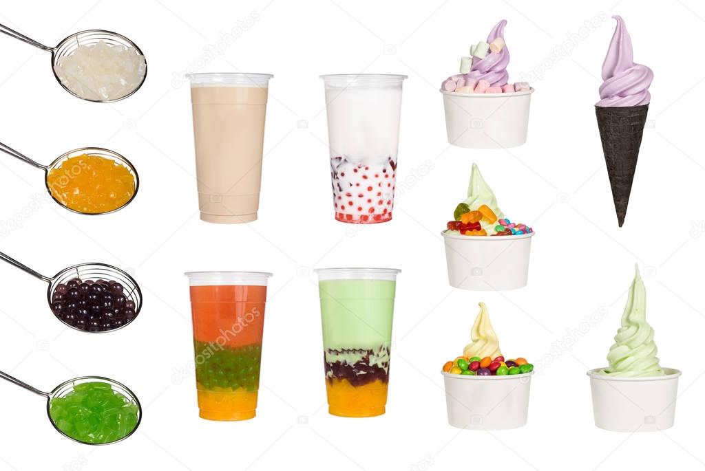 Collage of ice cream, cup with organic frozen yogurt, ice milk bubble tea and topping for ice cream isolated on white background.