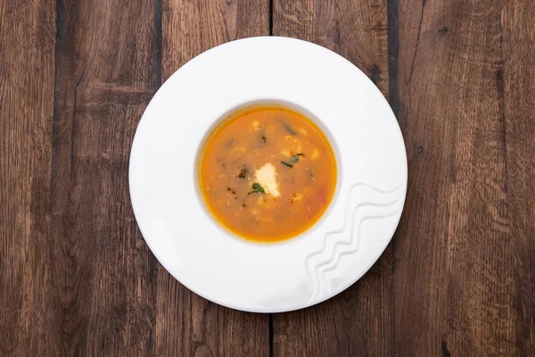 Sepiring Sup Minestrone Dalam Piring Putih Atas Meja Kayu Makanan — Stok Foto