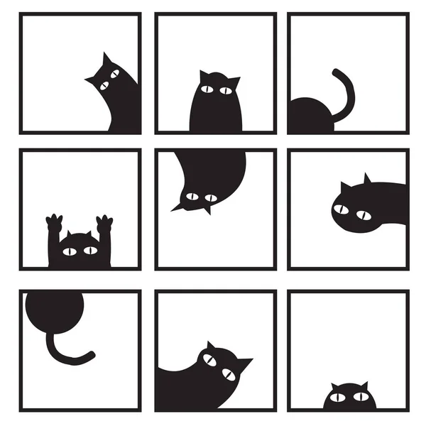 Zwarte katten in negen venster vector afbeelding — Stockvector