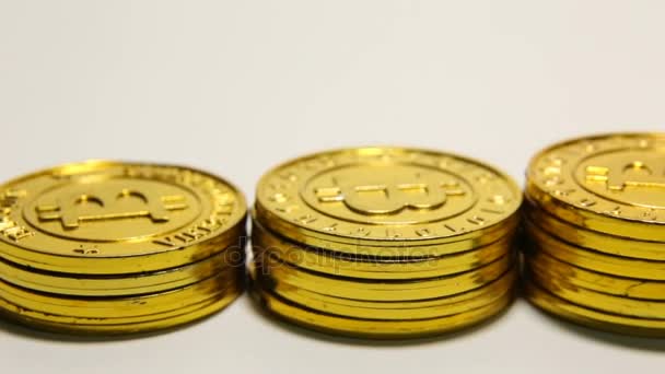 Zlaté Bitcoinor Btc Snímek Makro Záběry Šifrovací Měny Bitcoin Mince — Stock video