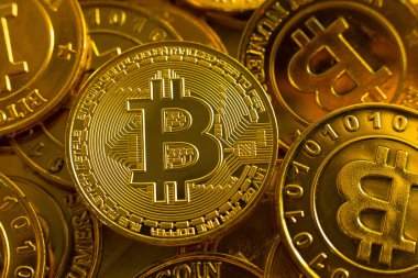 Kripto para birimi kavramı. Bitcoins, altın, Cryptocurrency zekâ