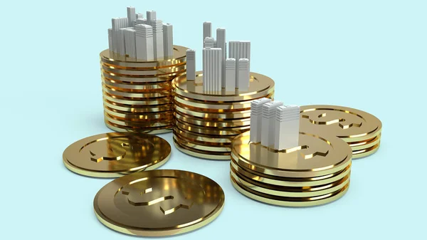 Bouwmodel en gouden munten voor onroerend goed — Stockfoto